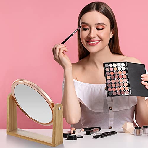 Yeake Double Sided 10X Magnifying Makeup Mirror With Bamboo Stand,Small Desk Table Mirror With 360° Rotation,Standing Portable Cosmetic Mirror,Good For Tabletop,Traveling(Rose Gold,Oval) #TOP5