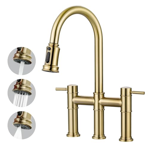 Bridge Faucet for Kitchen Sink: iVIGA Gold Farmhouse 3 Hole Kitchen Faucet with Pull Down Sprayer (3