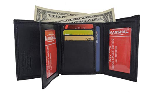 100% Genuine Leather Marshal Tri-fold Mens Wallet Black #1307CF3