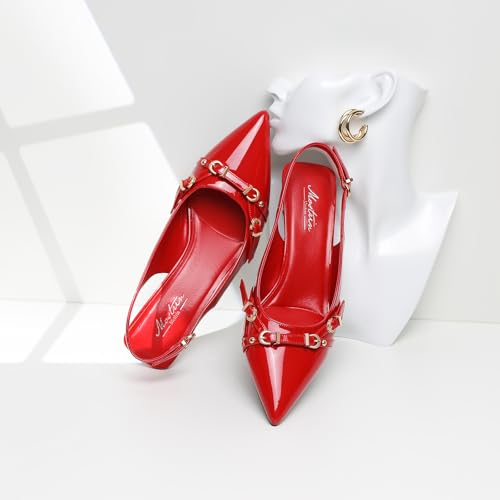Image of Mostrin Kitten Heels for Women Pointed Toe Pumps Patent Leather Low Heel Slingback Heels with Buckle Dress Shoes for Dating Party Working