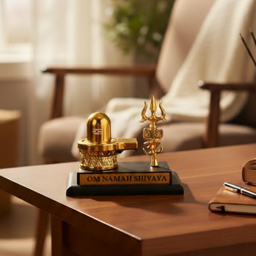 Image of Divine Hindu Shivling with Trishul Gold Finish Idol | Lord Shiva Divine Showpiece for Home Decor & Pooja Mandir | Shiva Murti for Office Desk & Car Dashboard | Auspicious Gift for Mahashivratri | G