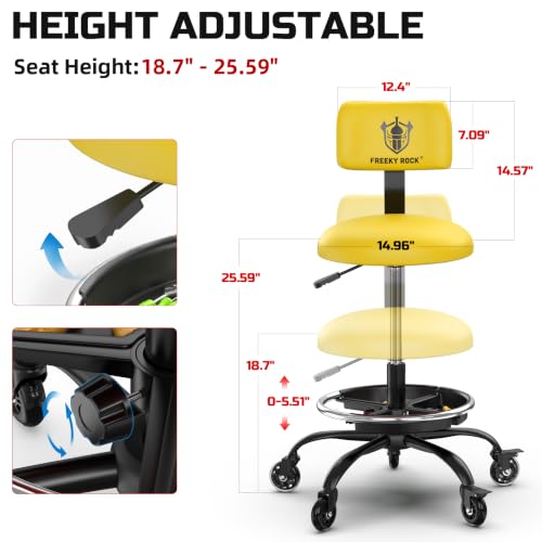 Image of Rolling Shop Stool with Wheels, Garage Stool Chair, Yellow