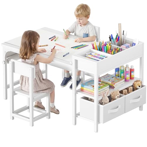 BOLUO Kids Art Table and Chair Set Toddler Craft Table with Storage Drawers Play Desk for Kids Children Activity Learning Center White