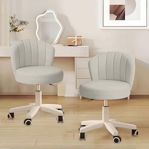 Image of Small Desk Chair Round Rolling Chair with Back PU Leather Height Adjustable Swivel Vanity Work Computer Stool Chair for Home Office Bedroom, Set of 2