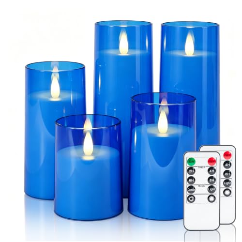 Image of Homemory Realistic Flickering Flameless Blue Candles with Remote & Timer | LED Fake Electric Pillar Candles Battery Operated for Home, Halloween, Christmas Decor, Set of 5