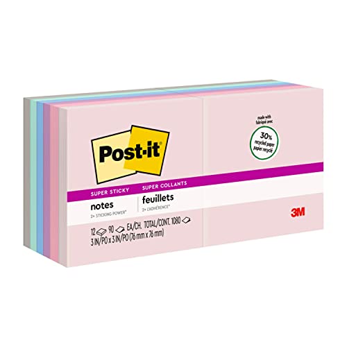 Image of Post-It Notes Recycled Super Sticky Pad - 3 inch x 3 inch, Pack of 12 Pads, Multi Color