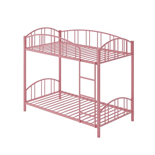Bunk Bed Twin Over Twin with Stairs and Arched Guardrail, Sturdy Metal Slats Support, Space Saving, Noise Free, No Box Spring Needed, Ideal for Kid Room and Dorm, Pink