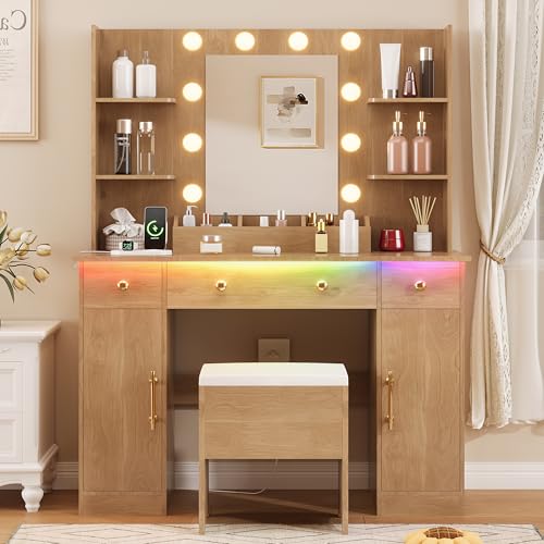 Image of HUANLEGO Vanity Desk with Mirror and Lights, Wood Makeup Vanity with Charging Station & Stool, 3 Drawers and Cabinets, Farmhouse Vanity Mirror with RGB LED Lights Makeup Desk and Chair for Women