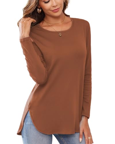 Image of Herou Women's Casual Long /Short Sleeve T Shirt Crewneck with Side Split Fall Pullover Loose Tunic Sweater Tops