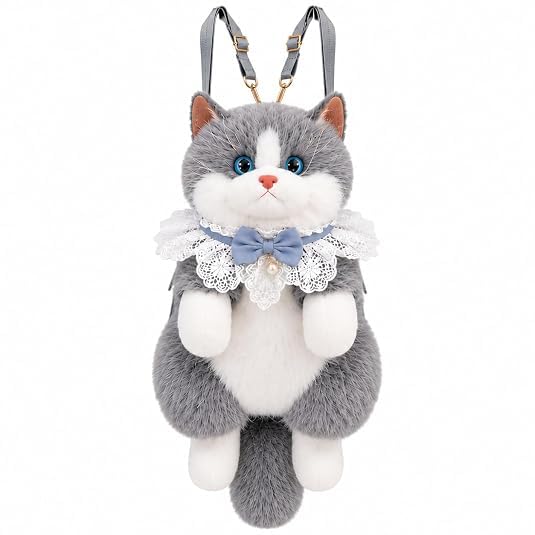 Cute Plush Cat Backpack for Girls & Women | Soft Stuffed Animal Shoulder Bag with Adjustable Straps | Kawaii Kitty Plush Backpack for School, Travel, Shopping, Gifts & Daily Use [ Gray&White ]-picture-35