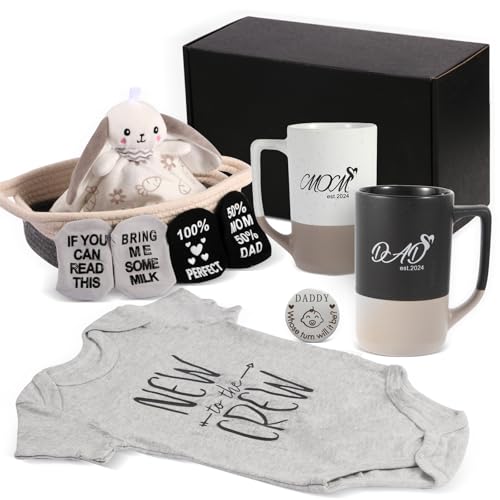New Parents Gift Set Est 2024 Pregnancy Announcement Gifts-First Time New Mom Basket for Baby Shower Gender Reveal-Mom & Dad Mugs, Decision Coin, Newborn Lovey Security Blanket, Onesie, Socks