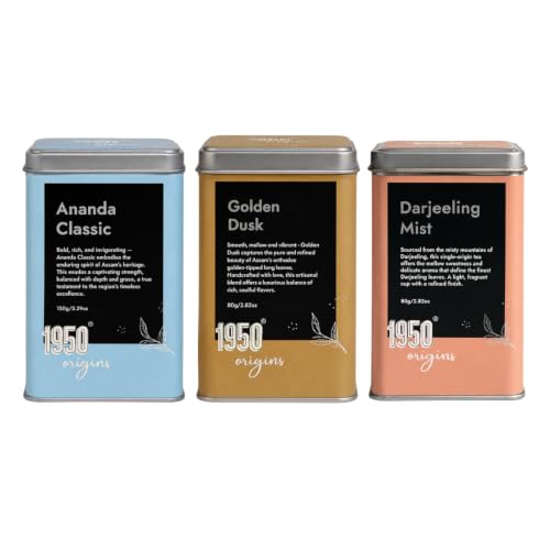 Image of 1950 Origins Premium Black Tea Combo Pack of 3 | Darjeeling Mist Orthodox Long Leaf 80g, Golden Dusk Assam Whole Leaf 80g & Ananda Classic CTC Tea 150g | Rich Aroma & Bold Taste For Gifting & Daily Brew