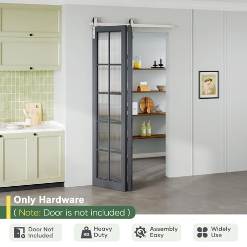 Roymelo 52\" Brushed Nickel Bifold Sliding Barn Door Hardware Track Kit,Side Mounted Roller,Smoothly and Quietly,Assembly Easy,Fit Double 24\" Bi-Folding Doors (Door Not Included)