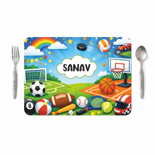Image of Customized Table Mat with Name & Design Engraving | Personalized Dining Mat with Spoon & Fork | Customized Birthday Gift for Kids (Football)