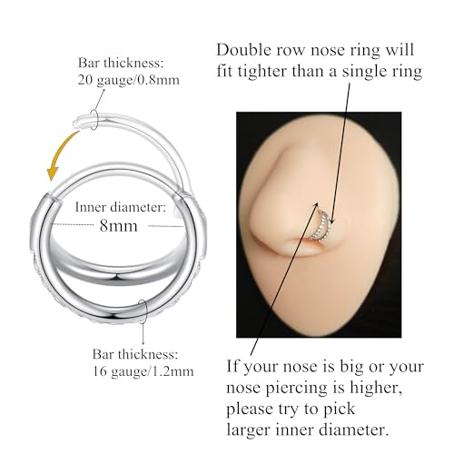 ORANGELOVE Double Open Stack CZ Nose Ring Hoop 316L Surgical Steel Helix Rook Conch Cartilage Daith Tragus Earrings Hinged Segment Nostril Piercing Septum Clicker 20G 18G 16G Lip Ring2