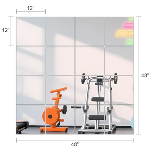 Ruomeng Home Gym Mirrors 12" x 12" x 16Pcs Wall Mounted Mirror Glass Frameless Full Length Mirror Tiles for Home Gym, Bedroom, Door & Bathroom