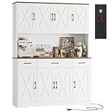 HOSTACK 71' Tall Pantry Cabinet with Charging Station, 55' Wide Kitchen Pantry Storage Cabinet with Countertop, Large Kitchen Hutch with Storage Drawers and Doors for Dining Room, Living Room, White