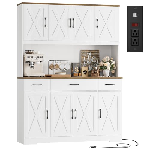 HOSTACK 71" Tall Kitchen Pantry Storage Cabinet with Charging Station, 55" Wide Kitchen Hutch Cabinet with Large Countertop, Farmhouse Food Pantry with Drawers for Living Room, White
