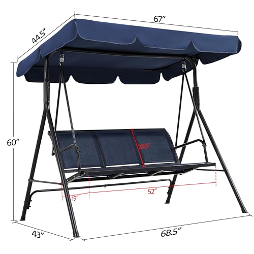 Image of Yaheetech Outdoor Porch Swing Chair for Adults, 3-Seat Patio Sunset Hanging Swing w /Texteline Fabric & Adjustable Canopy & Armrests, Canopy Lounge Chair for Backyard /Garden /Balcony, Blue | Weatherproof Material, Adjustable Sunshade, Removable Cushions, Lounge Seating, Sturdy Frame for Garden, Pool, Yard, Porch