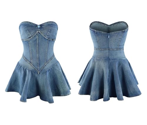 Image of Kwunbwa Women's Strapless Denim Dress Sexy Off Shoulder Corset Tube Pleated A Line Summer Mini Jean Dresses Clubwear