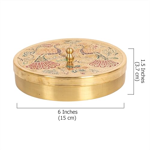 Image of Two Moustaches 6 Inches Twin Peacock Carved Brass Spices Box Set, Brass Masala Box for Kitchen, Housewarming Gifts, 7 Containers & 1 Spoon, Multicolored, Pack of 1