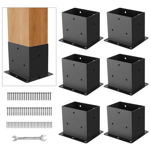 CYGIVC 6 Pack 4x6 Heavy Duty Metal Post Base Brackets 3.6x5.6 Inner No Wobble Square Post Support Rust Resistant with Hardware for Fence Porch Pergola Mailbox Wood to Concrete Installation