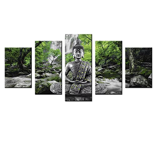 Awlxphy Decor Buddha Wall Art Canvas Painting Framed 5 Panels For Living Room Decoration Modern Landscape Buddha Waterfall Trees Zen Stretched Artwork Giclee  thumb #1