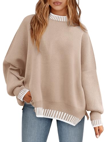 Saodimallsu Womens Oversized Sweaters Crewneck Color Block Winter Sweater Lantern Sleeve Side Slit Knit Pullover Tops