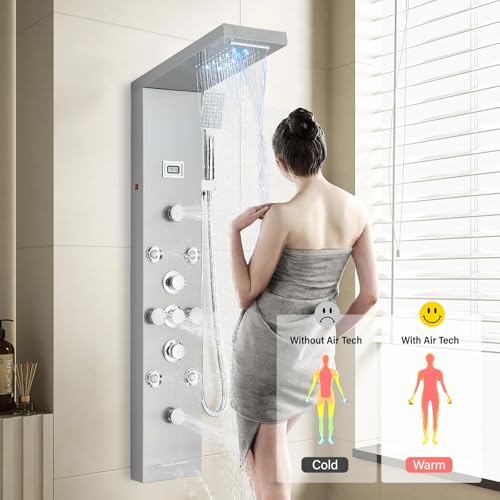 Image of FUZ Shower Panel Tower System, Stainless Steel 6 IN 1 Shower Panel System with LED Fancy Rain Shower Head and Handheld, Adujstable Rainfall Massage Body Jets and Tub Spout, Brushed Nickel Shower Tower