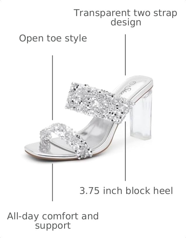 Image of Shoe Land Clear Heels for Women, Transparent Two Strap Chunky Block High Heel Mules, Slip On Square Toe Dressy Sandals for Wedding, Party, Prom