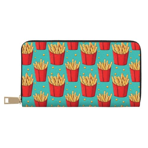 Leather Thin Slim Wallets for Women Men - Fashion Cartoon French Fries Print Card Wallet Holder with Zipper