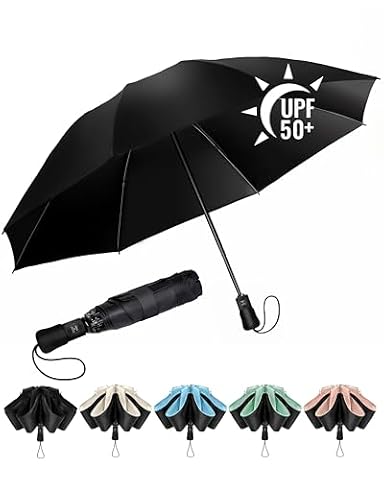 Chakipee Parasol duży, odporny na burzę, kompaktowy podróżny dla kobiet i mężczyzn – automatyczne otwieranie i zamykanie, przenośny parasol kieszonkowy, czarny 210T, powłoka 210T, rozpiętość skrzydeł
