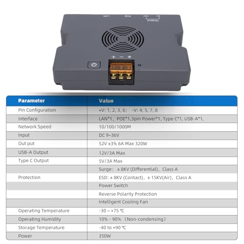 Yunseity POE Injector, 6A máximo 350W, diseño duradero, Ethernet Gigabit 10/100/1000Mbps, adecuado para Gen3 y Enterprise miniatura 5