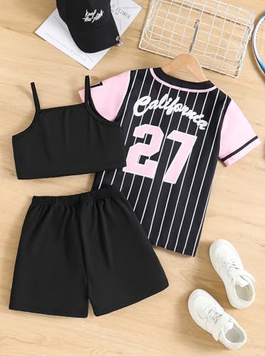 Image of Hilinker Girls Graphic 3 Piece Outfits Short Sleeve Striped Cardigan and Crop Cami with Shorts Set
