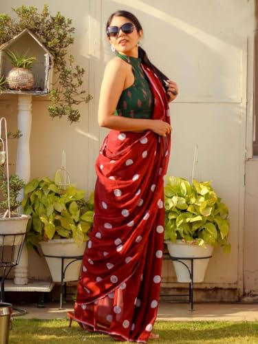 Image of Sidhidata Women's Polka Dot Printed Linen Cotton Saree With Unstitched Blouse Piece (Laddu Free Size)