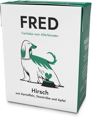 FRED Nassfutter Hund Hirsch mit Kartoffeln – Monoprotein – 39 % Hirsch in Lebensmittelqualität – Getreidefrei – hypoallergen – für Sensible Hunde – 390g Tetra Pak