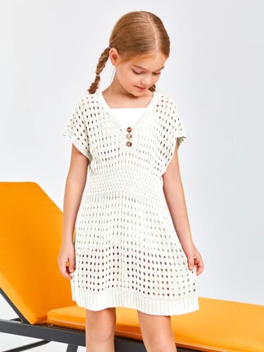Image of Haloumoning Girls Crochet Swim Beach Cover Up Kids Fashion Button Short Sleeve Swimsuits Cover Ups 5-14 Years