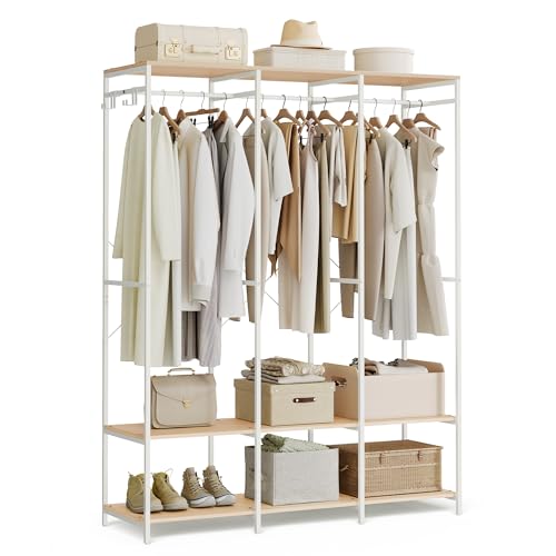 SONGMICS Clothes Rack, Iron and Wood Wardrobe Closet Organizer, Heavy Duty Garment Rack with Hanging Rods, Closet Shelves, Removable Hooks, 15.7 x 55.5 x 70.9 Inches, Natural Beige URGR005W6