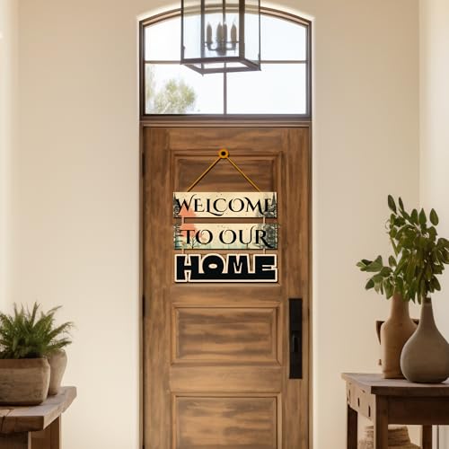 Image of GENXTRA inchWelcome to Our Home Wooden Wall Hanging | Rustic Forest Theme Decorative Wall Sign for Entryway, Living Room & Balcony