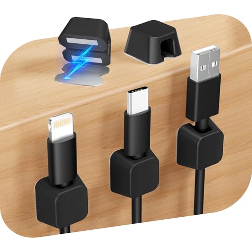 Viaky Magnetic Cable Holder, 5 PCS Silicone Cable Management, Large 8mm Size, Desk Cable Organiser with Self-Adhesive Metal Plates for Desktop, Nightstand, Car, Office (Black)