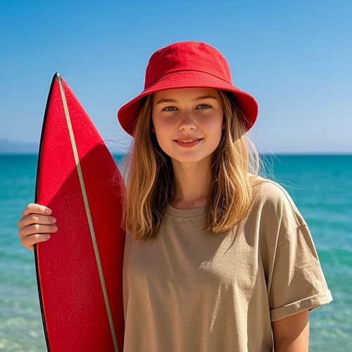 TUONYIS 2 Stücke Unisex Fischerhüte, Baumwolle Anglerhut, Bucket Hat Faltbar, Sommerhut Outdoor Sun Protection, Kappen Cap Freizeithut, zum Wandern Camping Reisen Angeln 56-58cm (Rot)