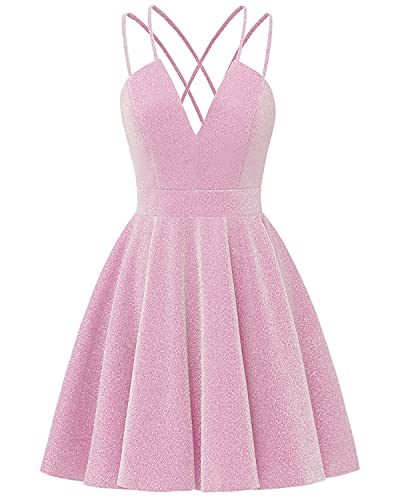 Changuan Shiny Glitter Short Prom Dress V Neck Homecoming Party Formal Evening Gowns with Pockets Pink Glittery-4