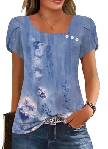 Image of Womens Petal Sleeve Tops Summer Trendy T Shirt Casual Loose Square Neck Button Blouse Tees