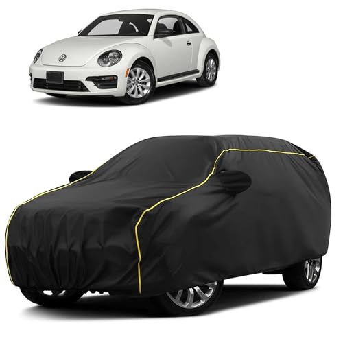 Image of Sulfar 100% Water Resistant Car Body Cover Compatible with Mirror for Volkswagen Beetle (Triple Stitched, Full Bottom Elastic, Black Taffeta with Yellow Piping)