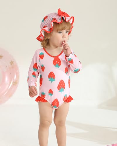 SUNNY PIGGY Baby Girls One Piece Swimsuit Long Sleeve Floral Bathing Suit+Hat 2Pcs2