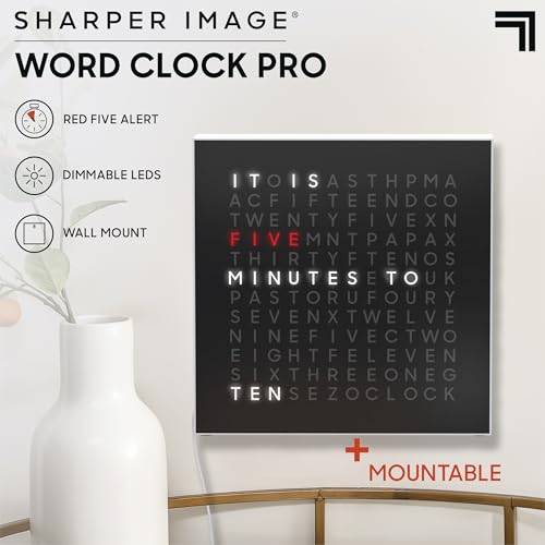 Sharper Image® LED Word Clock Pro with Dimmable Light, 9.45" Modern Design, & Red 5-Minute Alerts| Electronic Accent Wall & Desk Clock| Contemporary Home & Office Decor| Housewarming Gift