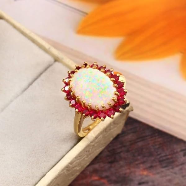 Vintage Fire Opal & Red Garnet Ring for Women – 925 Sterling Silver with 14K Gold Plated Unique Flower Design Engagement Ring Birthday Jewelry Gift4