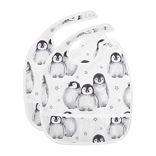 Image of MCHIVER Cute Baby Penguins Baby Bibs for Infant Boy Girl Waterproof Feeding Bib Apron with Food Cather Adjustable Cotton Food Eating Bib 2 Pack