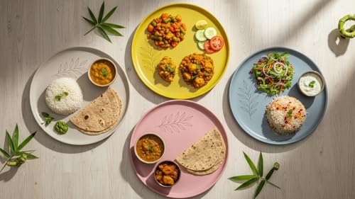 Image of Happy Cove Eco-Friendly Dinner Plate Set of 4, 12 Inch with Engraving Design | Biocomposite Rice Husk & Bamboo Fibre Serving Plates | Unbreakable, Microwave Safe, Oven Plate, Multicolour