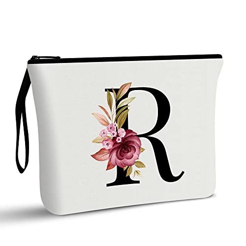 Image of Vavabox A-Z Personalized Makeup Bag, Birthday Gifts for Women Mom, Gifts for Best Friend, Bride Bridesmaid Cosmetic bag (R, 01-White)